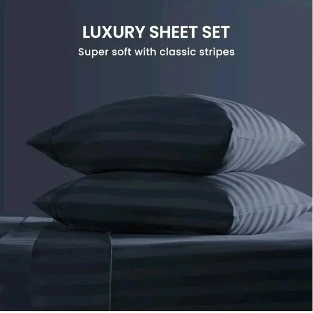 SLEEP ZONE Striped Cooling Queen Sheets Set 4 Piece  Super Soft Fitted Flat NAVY